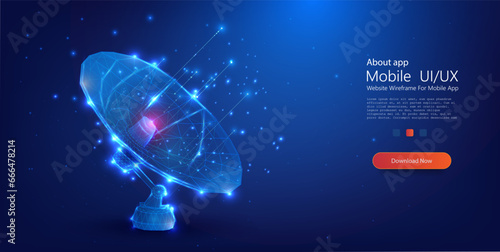 Polygonal Satellite Dish Transmitting Data with Luminous Core against Deep Blue Starry Background.