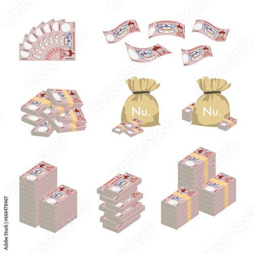 Bhutanese Ngultrum Vector Illustration. Huge packs of Bhutan money set bundle banknotes. Bundle with cash bills. Deposit, wealth, accumulation and inheritance. Falling money 500 BTN