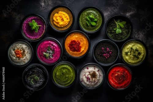 Vibrant bowls of assorted vegetarian dips on a black concrete background. Generative AI
