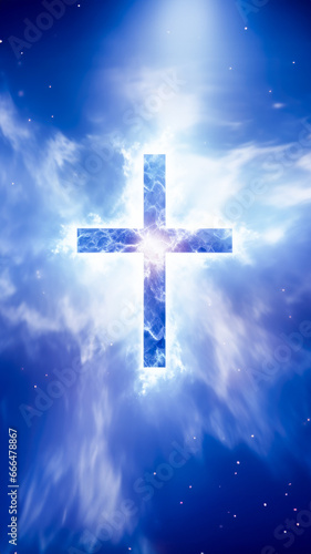 Christian cross appears bright in cloudy deep blue sky background. Concept of Faith, God's love, forgiveness, hope and freedom of the God Jesus. Religious background. Vertical format