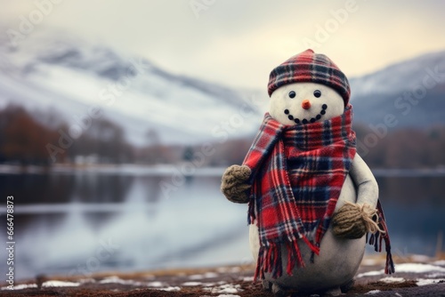 snowman in winter landscape, sporting a plaid scarf