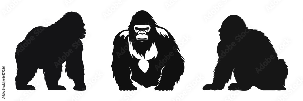 Set gorilla logo. Chimpanzee black silhouette icon isolated. Vector illustration Set gorilla logo. Chimpanzee black silhouette icon isolated. Vector illustration