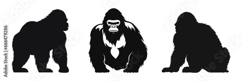 Set gorilla logo. Chimpanzee black silhouette icon isolated. Vector illustration