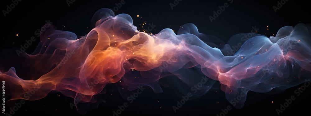 Obraz premium Image of wavy flying transparent fabric over black background. Design for wallpapers, backgrounds, banners, presentation