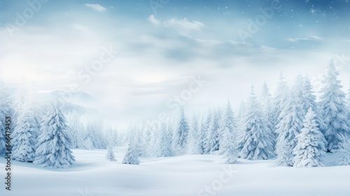Beautiful landscape of winter forest, snowy trees, path, land. Frosty daytime. Winter season, nature landscape. Wallpaper. Background