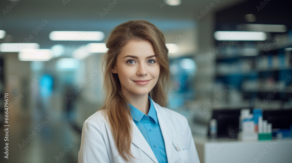 Fototapeta premium Cheerful pharmacist standing in pharmacy drugstore, Medicine, pharmaceutics, health care and people concept: happy female pharmacist giving medications to senior male customer