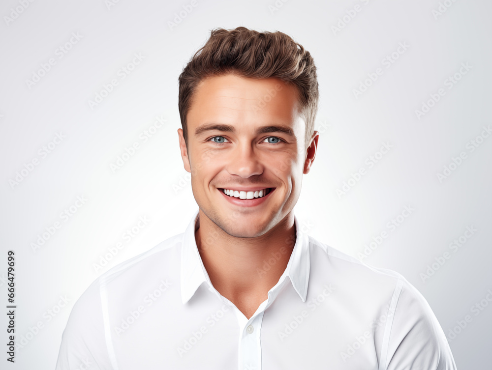 Portrait of handsome smiling businessman of Caucasian appearance in white shirt on light background. Portrait of handsome smiling businessman of Caucasian appearance in white shirt on light background.