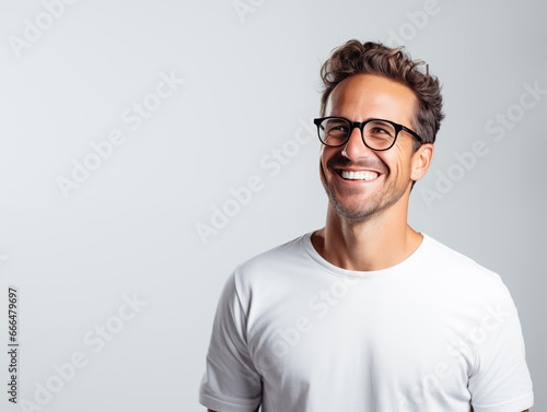 Portrait of a handsome smiling man of Caucasian appearance in a white T-shirt on a light background. Place for text. © alisluch