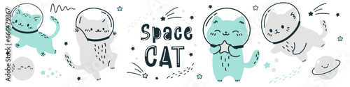 Scandinavian style vector set. Cats in spacesuits flying in space. Space cat inscription. Stars and planets . Vector illustration