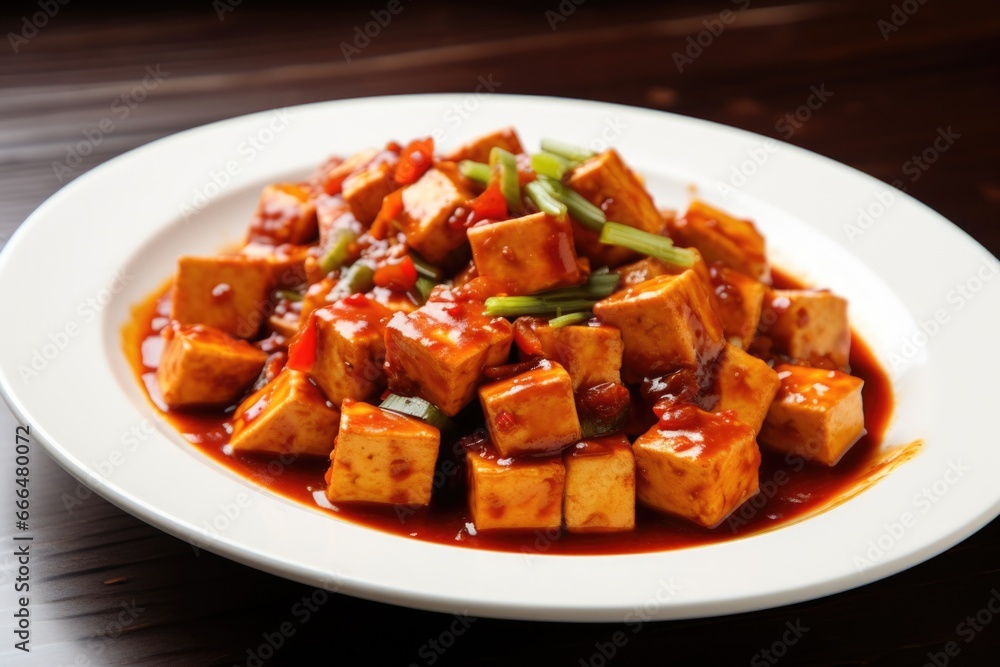 close-up of tofu cubes in spicy sauce close-up of tofu cubes in spicy sauce