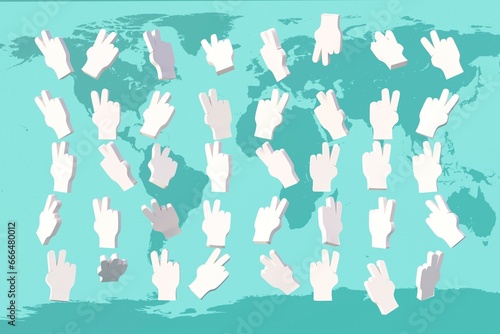 A lot of v peace gesture on the blue earth map background, 3D, 3d render