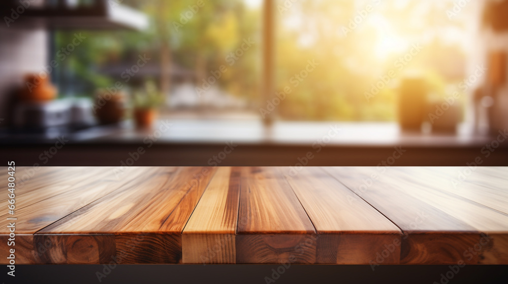 Wooden table on blurred kitchen bench background. Empty wooden table and blurred kitchen background Wooden table on blurred kitchen bench background. Empty wooden table and blurred kitchen background