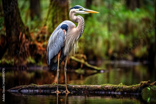 Great Blue Heron Ardea herodias standing on a log, Great Blue Heron in Everglades National Park, Florida, USA, AI Generated photo