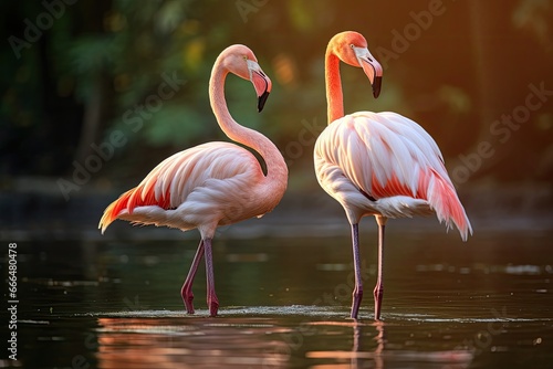 Two flamingos in the water at sunset  close-up  Greater flamingo Phoenicopterus roseus  AI Generated