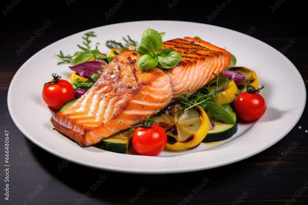 Grilled salmon fillet with vegetables on a white plate on a dark wooden background, Grilled salmon fillet with vegetables on a white plate closeup, AI Generated Grilled salmon fillet with vegetables on a white plate on a dark wooden background, Grilled salmon fillet with vegetables on a white plate closeup, AI Generated