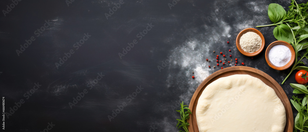 empty rolled out pizza dough with pizza mozzarella ingredients (cheese, tomato, basil) minimalistic background, with empty copy space, top view empty rolled out pizza dough with pizza mozzarella ingredients (cheese, tomato, basil) minimalistic background, with empty copy space, top view