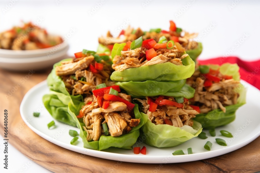 turkey lettuce wraps stacked on a square white plate