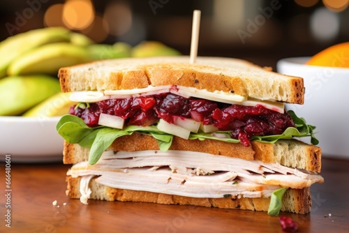 cut sandwich overflowing with turkey and cranberries