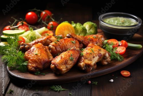 Baked chicken wings with vegetables and sauce on a wooden background, Grilled chicken wings with vegetables on dark wooden background. Selective focus, AI Generated