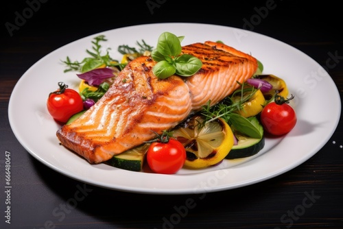 Grilled salmon fillet with vegetables on a white plate on a dark wooden background, Grilled salmon fillet with vegetables on a white plate closeup, AI Generated