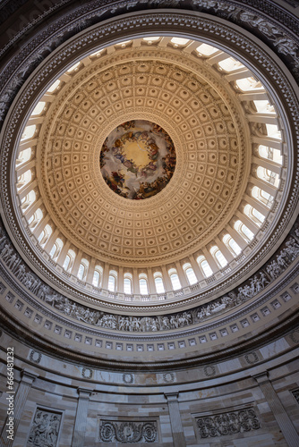 Vertical shot of the canopy of the dome (with the fresco paining of The Apotheosis of Washington) in the United States Capitol rotunda, Washington DC, United States