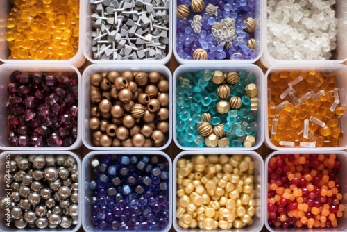 different types of beads, such as wood, plastic, and metal in separate containers
