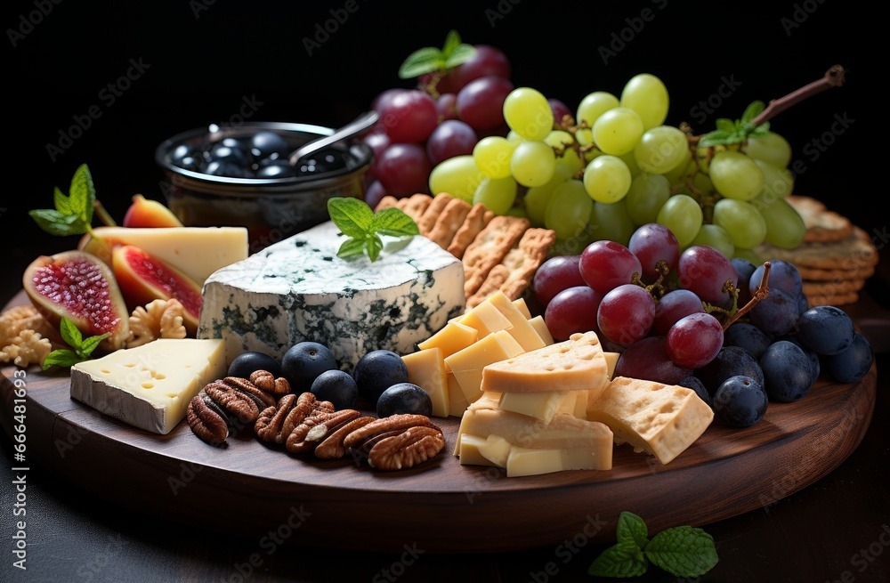 Cheeses mix set dor blu chedar camamber brie, grapes and snacks.