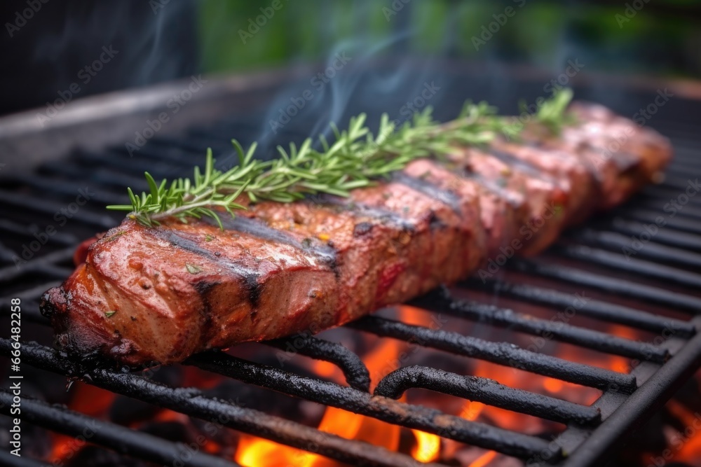seitan steak on grill, smoke curling upwards