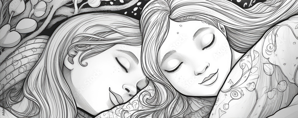 Fairy tale in bw colors. Faces and city black and white drawing Fairy tale in bw colors. Faces and city black and white drawing