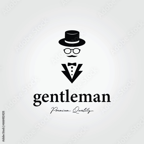 gentleman logo in a formal suit with a hat and glasses, retro clothing style design illustration