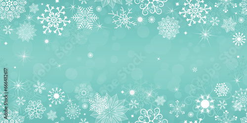 Vector Christmas seamless pattern with snowflakes on the gradient gentle background with bokeh. Card, frame