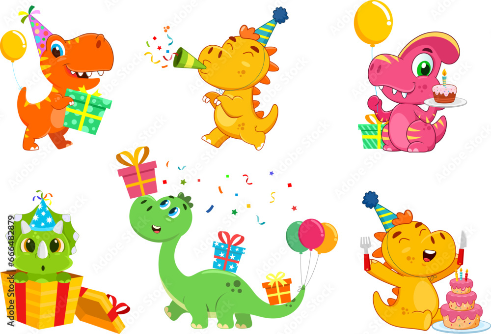 Naklejka premium Birthday Dinosaurs Cartoon Characters. Vector Flat Design Collection Set Isolated On Transparent Background