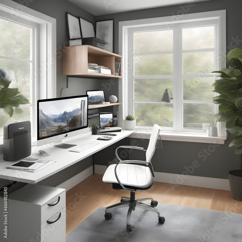 Modern Home Office Interior with Cozy Chair and Laptop on Desk