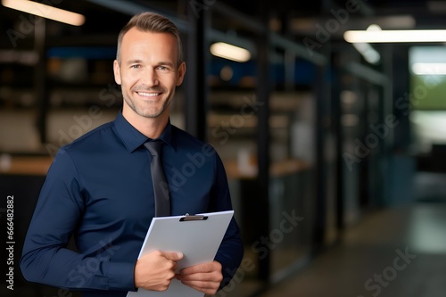 Smiling manager man holding clipboard