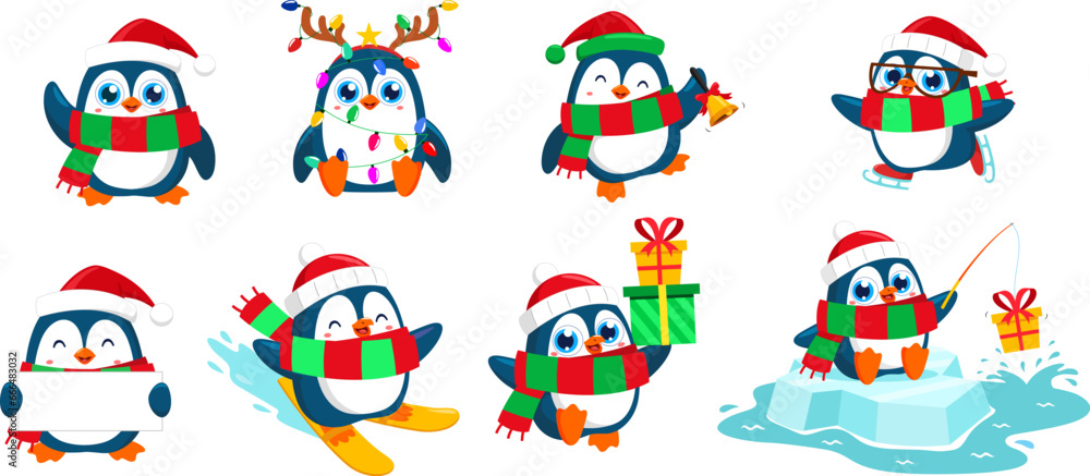 Cute Christmas Penguin Cartoon Character In Different Possess.Vector Flat Design Collection Set Isolated On Transparent Background