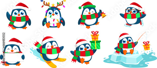 Cute Christmas Penguin Cartoon Character In Different Possess.Vector Flat Design Collection Set Isolated On Transparent Background © HitToon.com