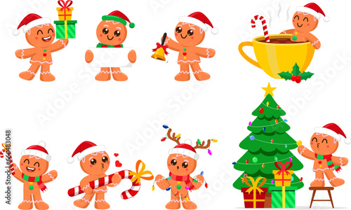 Christmas Gingerbread Man Cartoon Character In Diferent Possess.Vector Flat Design Collection Set Isolated On Transparent Background
