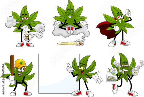 Funny Marijuana Leaf Cartoon Characters. Vector Hand Drawn Collection Set Isolated On Transparent Background