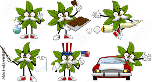 Funny Marijuana Leaf Professor Cartoon Characters. Vector Hand Drawn Collection Set Isolated On Transparent Background