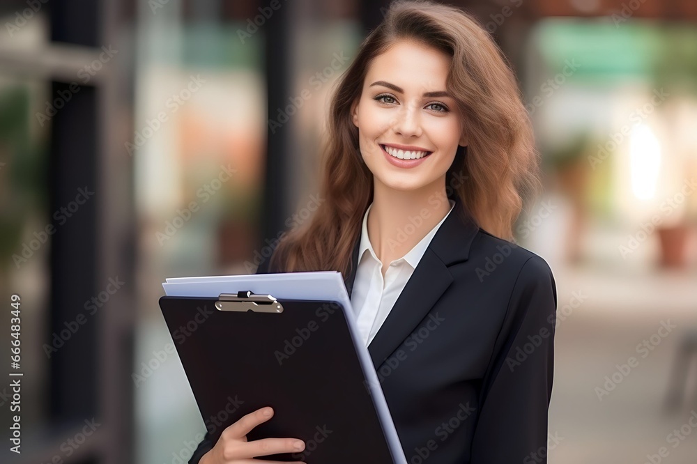 Smiling manager woman holding clipboard Smiling manager woman holding clipboard