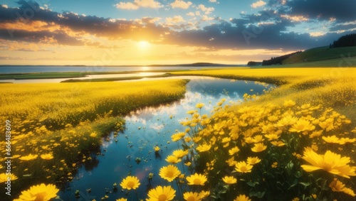 "Golden Meadow by the Water: A Stunning Landscape"