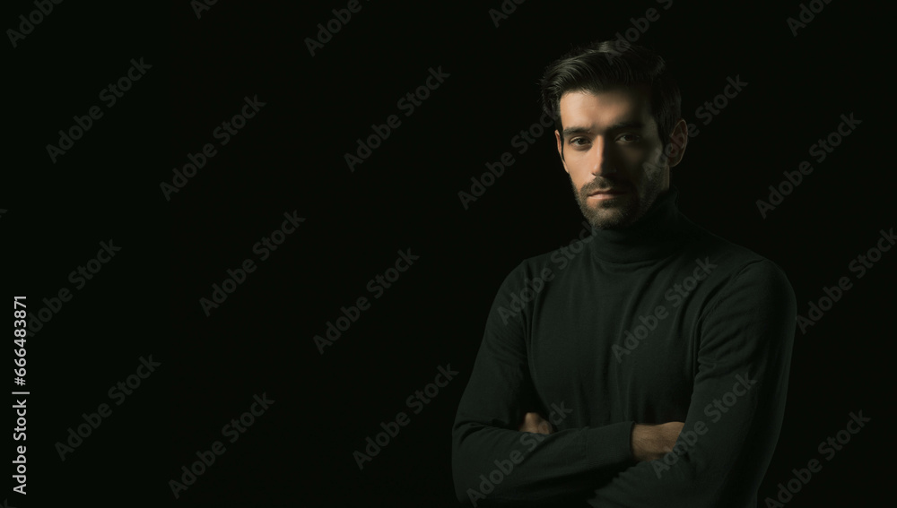 Confident Worker young man standing look at camera with crossed hands over black background Successful young guy portrait Attractive businessman look at camera with crossed arms studio shot
