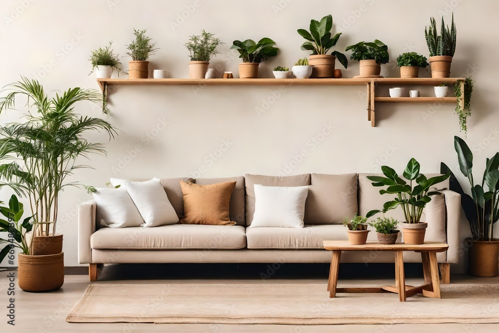 Cozy sofa with white and beige cushions and wooden pots with houseplants against beige wall with shelves. Scandinavian home interior design of modern living room in farmhouse