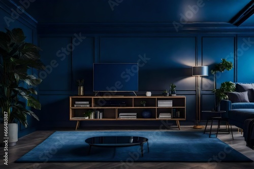 Dark blue wall in night time have tv on wood cabinet in living room with sofa © Hamza