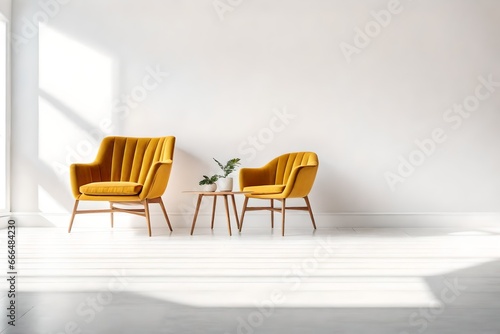 Modern minimalist interior with an armchair on empty white color wall background
