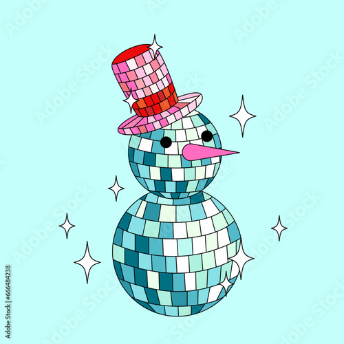 Disco mirror ball snowman in hat on blue background.
Cute Christmas card. Vector funky illustration.