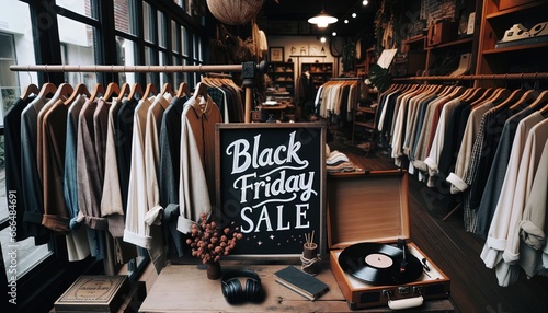 A cozy boutique with vintage apparel and a hand-lettered "Black Friday Sale" painted on its window