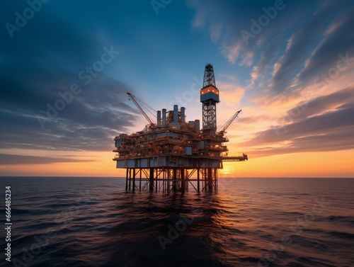 Oil offshore drilling middle of sea with sunset sky. Petroleum business