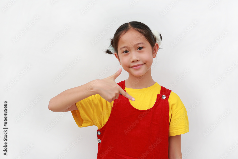 Asian girl child pointing down over white background. Asian girl child pointing down over white background.