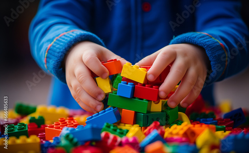 Little kid s hands as joyfully plays with a colorful set of building blocks.
